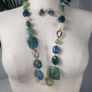 Green & Blue Beaded Necklace and Earring Set - Costume Pastel NEW